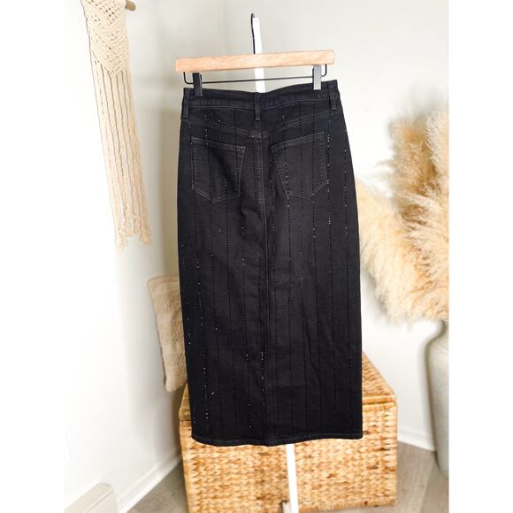 Loft Black Denim Midi Skirt Size 0 Sparkle Pinstripe Holiday Party - Picture 7 of 11